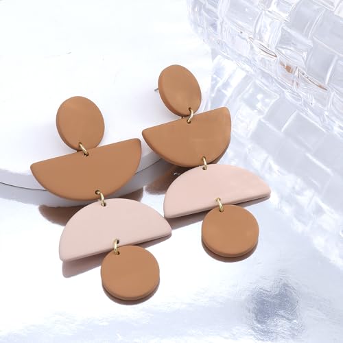 Acrylic Geometric Clay Drop Dangle Earrings for Women Handmade Irregular Polymer Earrings Boho Statement Dangling Earrings Jewelry Gift - color: Brown