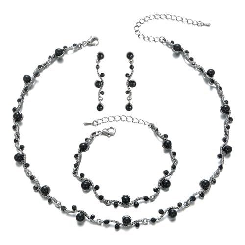 Bridal Pearl Choker Necklace Earrings Bracelet Wedding Crystal Jewelry Set for Women Brides Bridesmaid Prom - color: Black-Jet