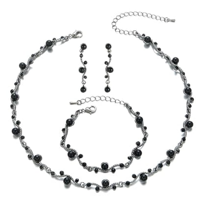 Bridal Pearl Choker Necklace Earrings Bracelet Wedding Crystal Jewelry Set for Women Brides Bridesmaid Prom - color: Black-Jet