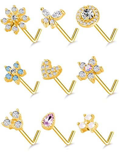 9Pcs Nose Rings Stud L Bone Screw Shaped Nose Ring Flower CZ Snowflake Butterfly Screw Nose Stud Body Piercing Jewelry for Women Men 20G Silver Gold Rose Gold Tone - color: B:Gold Tone