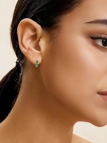 Chunky Emerald Sapphire Ruby Hoop Earrings, Princess or Round Cut, 14k Yellow Gold Plated Sterling Silver Cubic Zirconia Huggie Earings Minimalist Hoops Earrings for Women Wedding Daily Birthday - style: Princess cut -Emerald -Silver