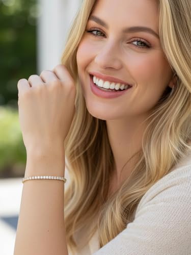 5A Cubic Zirconia Tennis Bracelet for Women, Rhodium/Yellow Gold Plated Hypoallergenic, Birthday Wedding Anniversary Jewelry - color: Prong setting - Yellow Gold