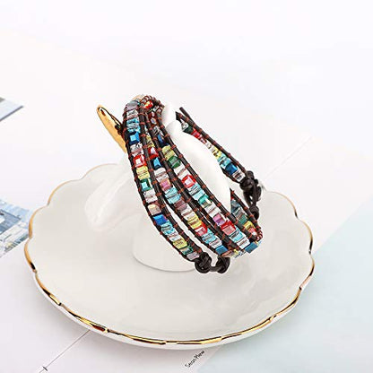 Emibele Layered Leather Bracelet, Rivet Leopard Print Bohemian Style Multilayer Wrap Bracelet, Handmade Agate Amethyst Chakra Crystal Glass Beaded Shell Bracelet for Women - color: Crystal Glass