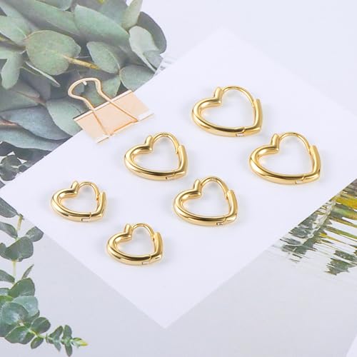 Silver 3 Pairs Heart Earrings Set for Women 14K Gold Plated Hoops, ALEXCRAFT Minimalist Hearts Shaped Small Big Silver Huggie Hoop Trendy Earring Hypoallergenic Thick Chunky Earings - color: Gold