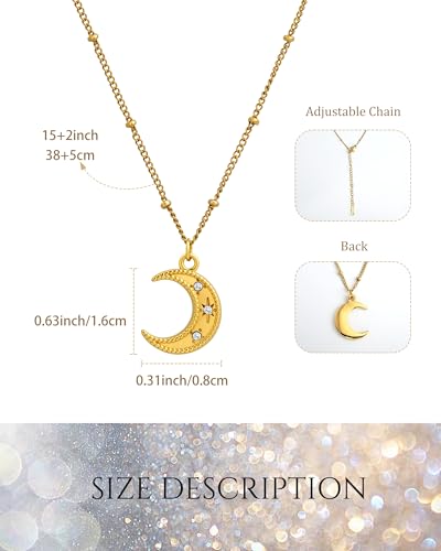 Crescent Moon Necklace Dainty Cubic Zirconia Star Pendant Necklaces for Women Trendy Adjustable Ball Chain Moon Jewelry Gift