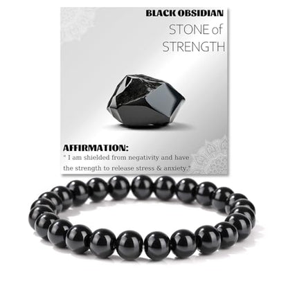 Crystal Beaded Bracelets for Women 4mm Clear Quartz Bead Handmade Gemstone Stretch Elastic Bracelet Natural Stone Crystal Healing Reiki Spiritual Jewelry Gifts - color: Black Obsidian, size: 8mm