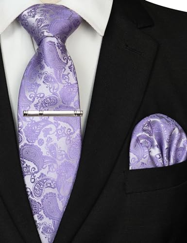 JEMYGINS Mens Solid Color Paisley Necktie and Pocket Square with Tie Clip Sets - color: Lavender