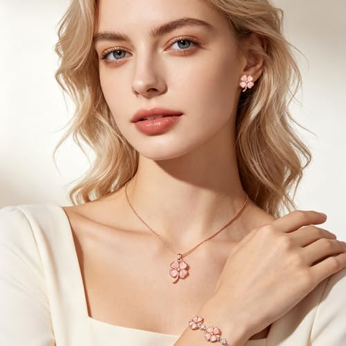 NEWITIN 4 Pcs Pink Jewelry Set for Women Lucky Necklace Bracelet Earrings | Hypoallergenic, Rose Gold Plated, Pink Cat Eye Stone, Four-Leaf Clover Necklace Bracelet Earring, Lucky Jewelry Set for Women