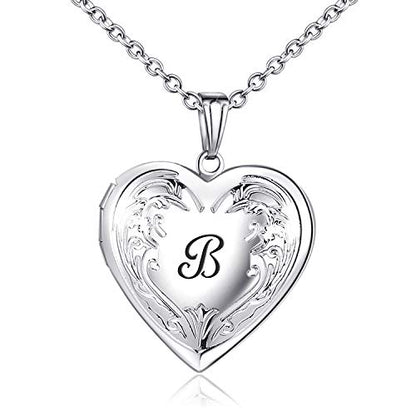 YOUFENG Locket Necklace that Holds Pictures Initial Alphabet A-Z Letter Pendant Necklace Platinum Plated Gifts for Women - style: B