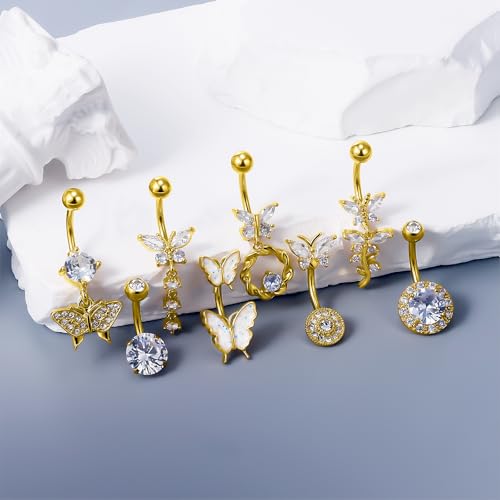 Vsnnsns 14G Belly Button Ring Piercing Jewelry 316L Stainless Surgical Steel Heart CZ Pearl Butterfly Flower Navel Rings Dangle Belly Button Ring Navel Piercing Jewelry for Women Men Hypoallergenic - color: Gold-Clear CZ