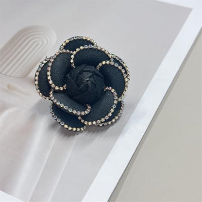 Dainty Crystal Camellia Flower Brooch Pin for Women Rhinestone Fabric 3D Floral Blossom Brooches Lapel Hair Pins Elegant Wedding Anniversary Dress Accessories Jewelry Gift 6.5cm/2.5in - color: Black