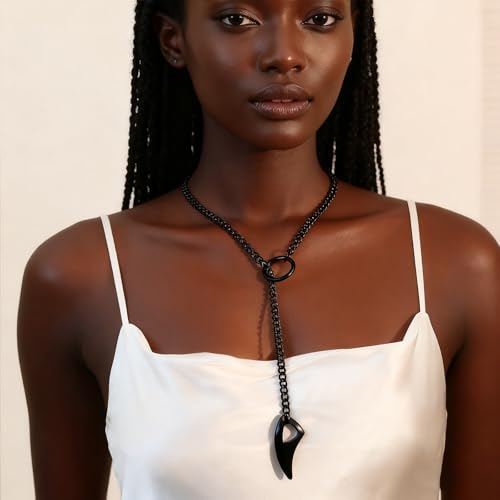 Heart O Ring Slip Chain Choker Necklace for Women Men Stainless Steel Cuban Chain Y-shape Necklaces Punk Rock Collar Adjustable Lariat Y Necklace Prom Necklaces Jewelry - color: Black tooth