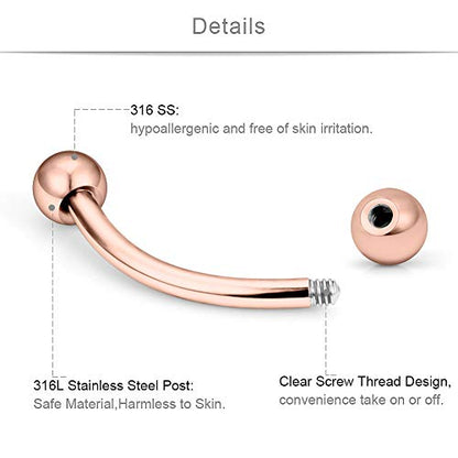 SCERRING 9-18PCS 16G Stainless Steel Eyebrow Tragus Helix Rook Daith Earrings Belly Lip Ring Clear Cubic Zirconia Barbell Body Piercing Jewelry 6mm 8mm 10mm - color: 9PCS - Rose Gold