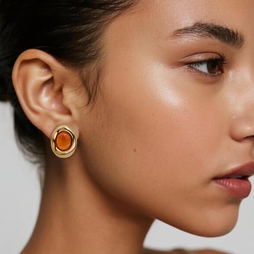 Jean Beau Chunky Gold Stone Stud Earrings for Women, Trendy Natural Gemstone Hypoallergenic Earing Valentine Jewelry Gift - color: Amber Orange
