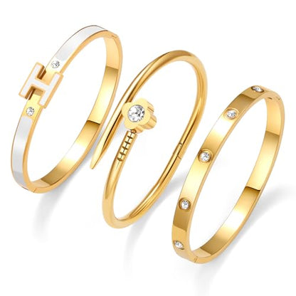 3Pcs Gold Bracelets for Women 14K Gold Plated Love/H/Nail Bangle Bracelet Dainty Non Tarnish Bracelet Jewelry Christmas Mothers Day Gifts for Women - color: 3Pcs Gold/White H bracelet