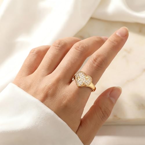 925 Sterling Silver Adjustable Rings for Women 14K Gold Plated Thumb Rings | Stackable Statement Eternity Rings Dainty Starfish Star Moon Heart Lucky Open Ring Trendy Jewelry Birthday Gifts for Ladies - color: Gold Heart Ring