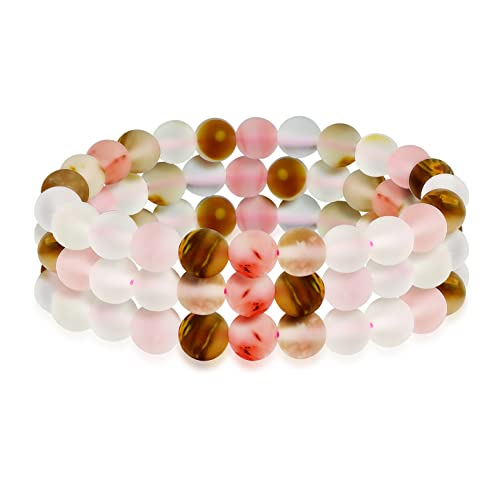 Bling Jewelry Genuine 8MM Gemstone Ball Bead Stretch Bracelet Stackable (3 Set) - color: Rose Quartz