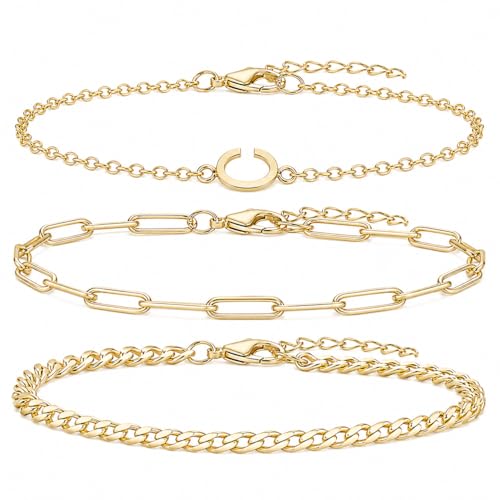 3PCS Gold Bracelet Set for Women, 14K Gold Plated Initial Letter Jewelry, Layered Paperclip and Cuban Chain Stack, Adjustable Stainless Steel Gift - style: Initial-C