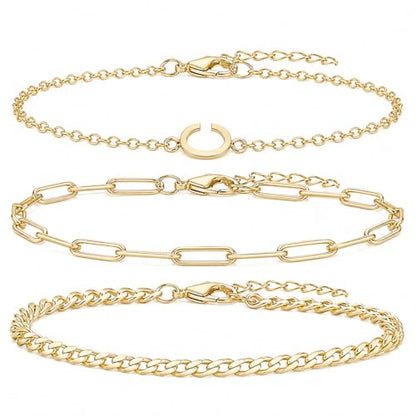 3PCS Gold Bracelet Set for Women, 14K Gold Plated Initial Letter Jewelry, Layered Paperclip and Cuban Chain Stack, Adjustable Stainless Steel Gift - style: Initial-C