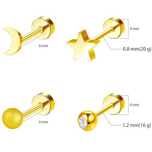 Stainless Steel Stud Earring 1 Pair Gold Flatback Earrings Hypoallergenic Screwback Jewellery Flat Back Helix Jewelry for Sensitive Ears Women Ladies Aretes De Mujer - style: 3-Ball