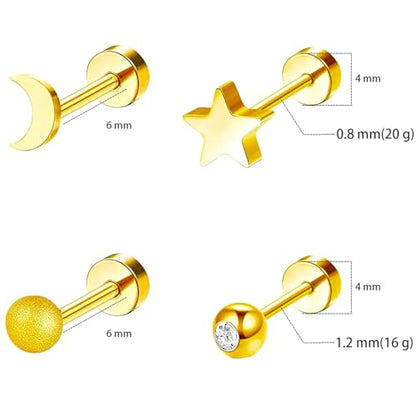 Stainless Steel Stud Earring 1 Pair Gold Flatback Earrings Hypoallergenic Screwback Jewellery Flat Back Helix Jewelry for Sensitive Ears Women Ladies Aretes De Mujer - style: Heart