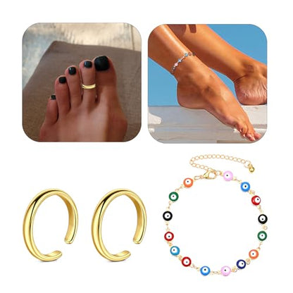 Briana Williams Toe Rings for Women Gold Silver Toe Ring Non Tarnish Ankle Bracelets for Women Waterproof Anklet & Toe Ring Set Trendy Summer Beach Foot Jewelry - color: B1 -2pcs toe rings + anklets, gold