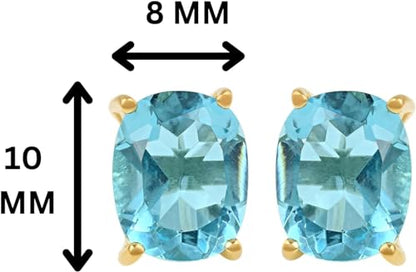 Women's 18K Gold Plated 8x10mm Princess Cut Gemstone Stud Earrings – Birthstone Jewelry for Her – Classic Cushion Studs - color: Blue Topaz