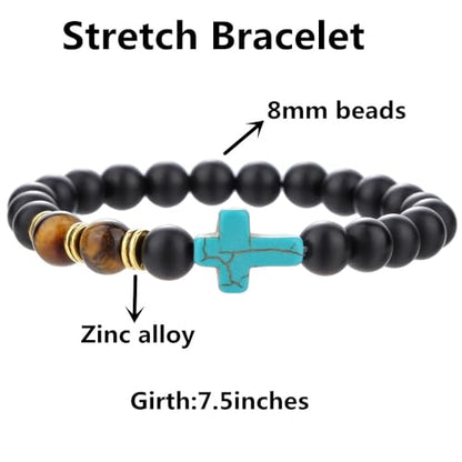 Beaded Bracelets Cross Bracelet for Women Men Lava Rock Turquoise Tiger Eye Natural Bracelet Anxiety Healing - color: 10 Pcs- Z (green cross)