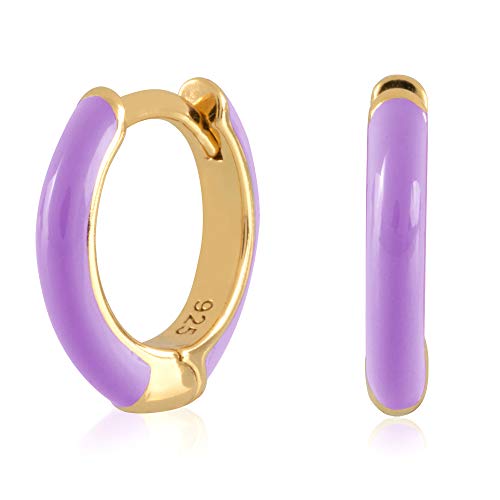 14K Gold Plated Sterling Silver Enamel Color Huggie Hoop Earrings for Women – Wide Range of Vibrant Color Options Available - color: Purple ( Fancy )