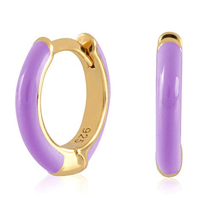 14K Gold Plated Sterling Silver Enamel Color Huggie Hoop Earrings for Women – Wide Range of Vibrant Color Options Available - color: Purple ( Fancy )