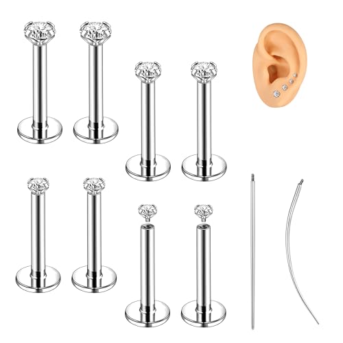 18G/16G Labret Jewelry Surgical Steel Internal Thread | CZ Stud, Lip Nose Piercing Studs, Flat Back, Medusa Monroe Lip Cartilage Earring, 2/2.5/3/4mm CZ - color: 16G,8mm-bar,2/2.5/3/4mm-CZ,Silver