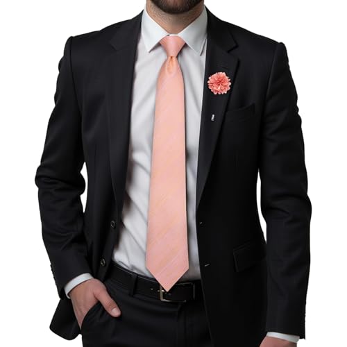 Hi-Tie Men's Silk Ties Formal Woven Classic Necktie Pocket Square Cufflinks Lapel Pin Set Wedding Business - color: A Pink