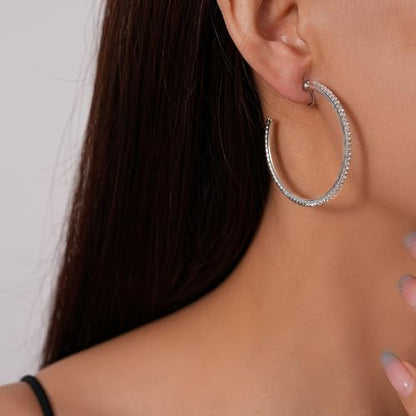 Gold Clip On Hoop Earrings for Women Large Rhinestone Statement Hoops Non Pierced Earrings Wedding Bridesmaid Party Jewelry - color: A2:silver earrings（4cm）