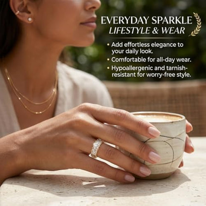 14K Non Tarnish Gold Rings for Women 34 Rhinestones Daisy Accents Stackable Stacking Gold Plated Womens Wedding Rings - color: Gold