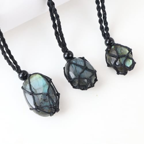 weryerker Natural Gemstone Pendant Necklace Healing Crystal Stone Pendant with Hand-Woven Rope Adjustable for Women Men - color: 1PC Labradorite
