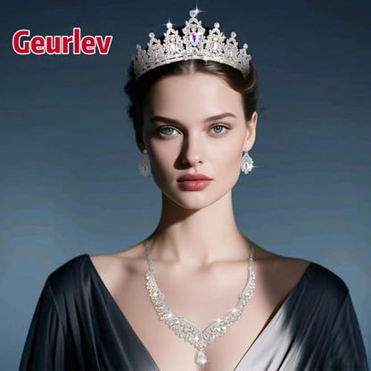 Tiaras and Crowns for Women,Tiaras Earrings Necklace, Crystal Bridal Jewelry Set - color: Silver AB