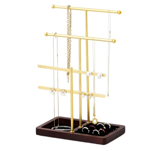 modern T-shaped jewelry rack, jewelry tower, gold metal, square ceramic base decoration display tower, necklace, bracelet, ring storage rack (3-layer wooden pallet black) - style: 3-layer wooden pallet black