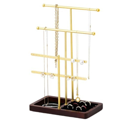 modern T-shaped jewelry rack, jewelry tower, gold metal, square ceramic base decoration display tower, necklace, bracelet, ring storage rack (3-layer wooden pallet black) - style: 3-layer wooden pallet black