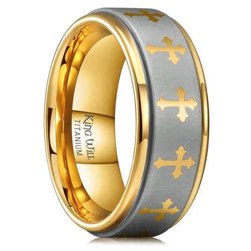 King Will 8mm Titanium Rings for Men Lord's Prayer Engraved Mens Cross Ring Vintage Religious Band Polished Brushed - color: Silver & Gold