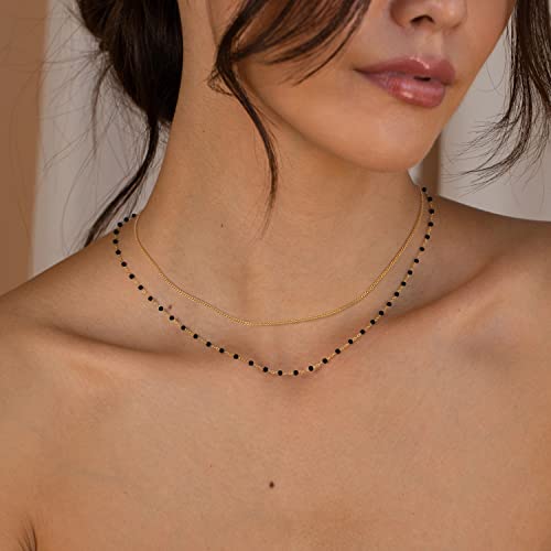 CHESKY 14K Gold Plated Silver Dainty Satellite Choker Necklace for Women | Layered Beaded Chain Necklace, Thin Choker Jewelry, Dainty Gold necklace, Minimalist Trendy Jewelry, Daily Gift for Women - style: black beads
