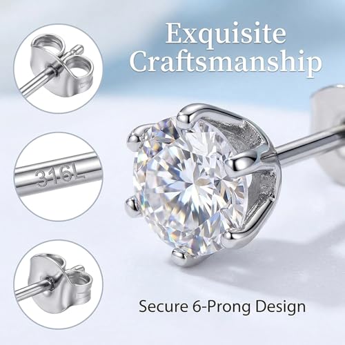 6 Pairs Silver Stud Earrings for Women 3-8 Mm 316L Hypoallergenic Cubic Zirconia Surgical Stainless Steel Earring Studs