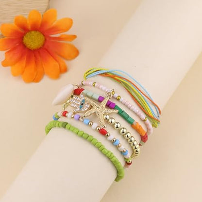 Bohemian Starfish Bracelets for Women - Adjustable Stackable Beach Bracelets, Handmade Stretchy Beaded Summer Jewelry, Perfect for Surf & Waterproof Fun - color: Color