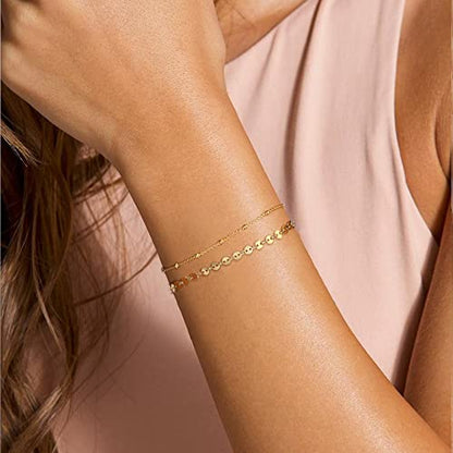 Dainty Gold Bracelets for Women, 14K Gold Plated Adjustable Layered Beads Bracelet Cute Evil Eye Oval Chain Pearl Bar Turtle Gold Bracelets for Women Jewelry - style: Coin Beads Chain