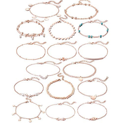 Softones 16Pcs Ankle Bracelets for Women Gold Silver Two Style Chain Beach Anklet Bracelet Jewelry Anklet Set,Adjustable Size - color: D:Rose Gold