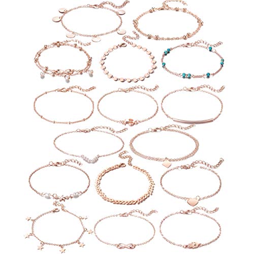 Softones 16Pcs Ankle Bracelets for Women Gold Silver Two Style Chain Beach Anklet Bracelet Jewelry Anklet Set,Adjustable Size - color: D:Rose Gold