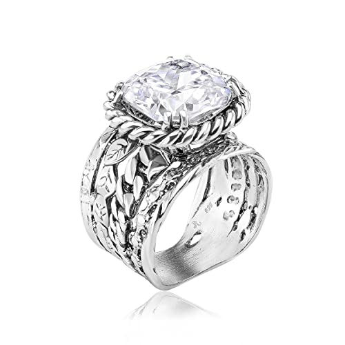 JEAN RACHEL JEWELRY 925 Sterling Silver Braid Leaf Cushion Ring | Ornate statement ring beautifully adorned with sculpted leaf motifs, twisted rope braids, and a CZ center stone. - color: White CZ