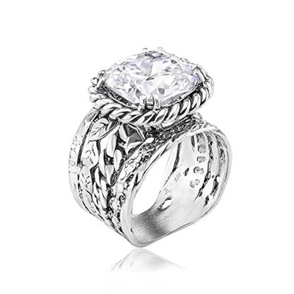 JEAN RACHEL JEWELRY 925 Sterling Silver Braid Leaf Cushion Ring | Ornate statement ring beautifully adorned with sculpted leaf motifs, twisted rope braids, and a CZ center stone. - color: White CZ