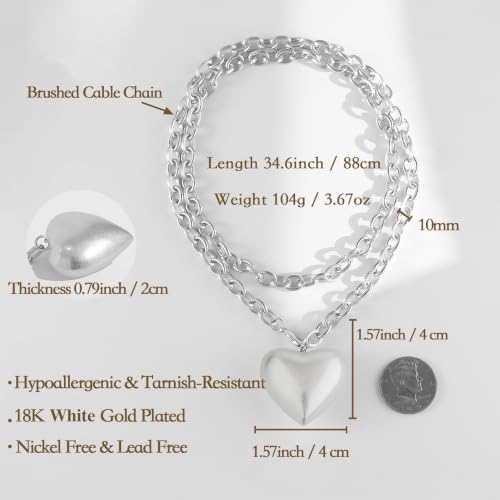 Puffy Heart Pendant Necklace for Women | Long and Short Pendant Necklace with 18K Gold Plated Heart Charm Statement Fashion Jewelry Gift - size: Long, style: Silver Chain & Heart