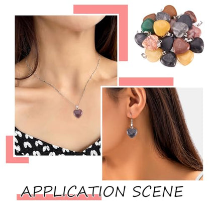 20Pcs Heart Shaped Stone Pendants 15 Styles Healing Crystal Chakra Gemstone Rock Necklace Charms for Jewelry Making Hole: 2x5mm - color: 1-Mixed Color-Heart-Random 20pcs