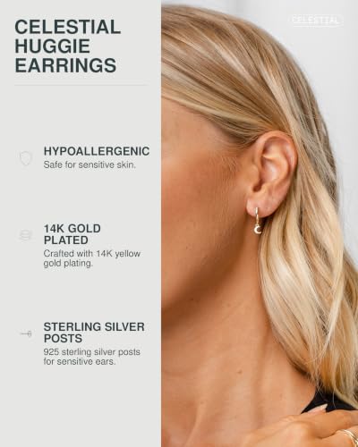 PAVOI 14K Gold Plated Huggie Hoop Earrings with Charms for Women - 925 Sterling Silver Posts Dainty Motif Huggie Hoop Dangle Earrings - Lightweight Dangle Drop Jewelry with Cubic Zirconia - style: Moon